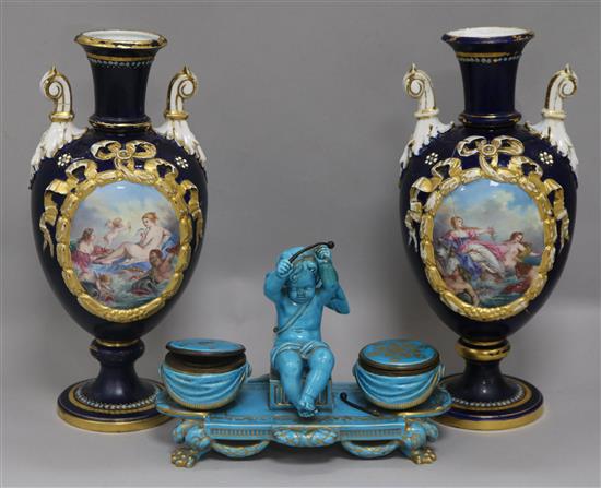 A Sevres style inkwell and a pair of vases